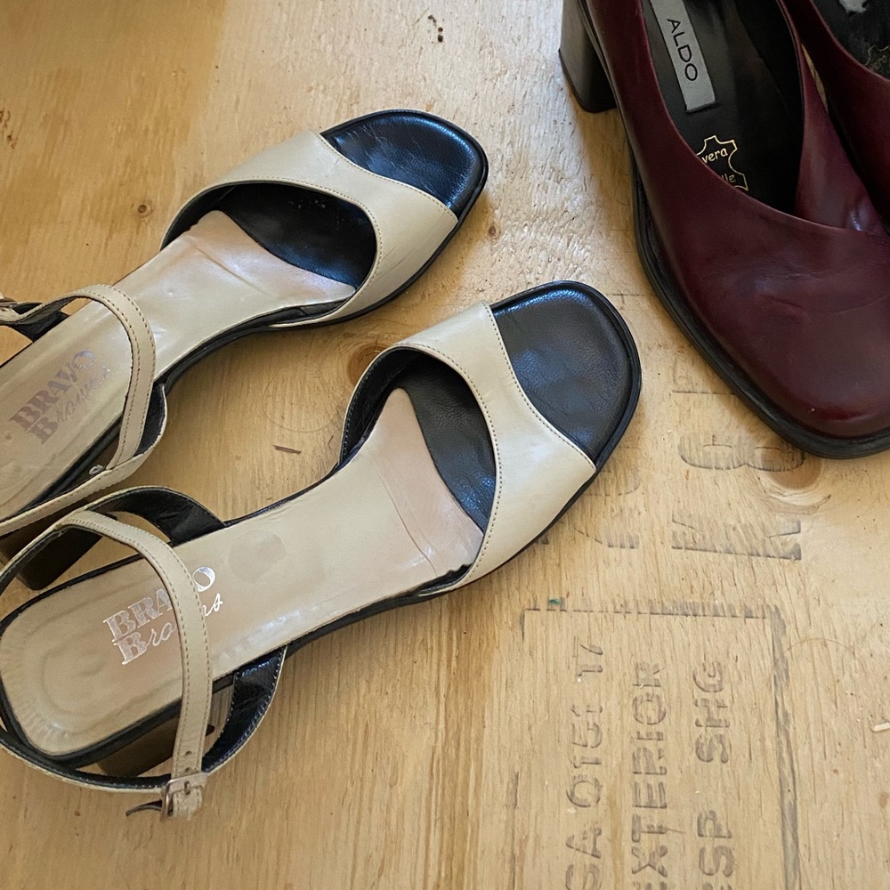 Browns Beige Black Two-Tone Ankle Strap Sandals heels kitten 37 7